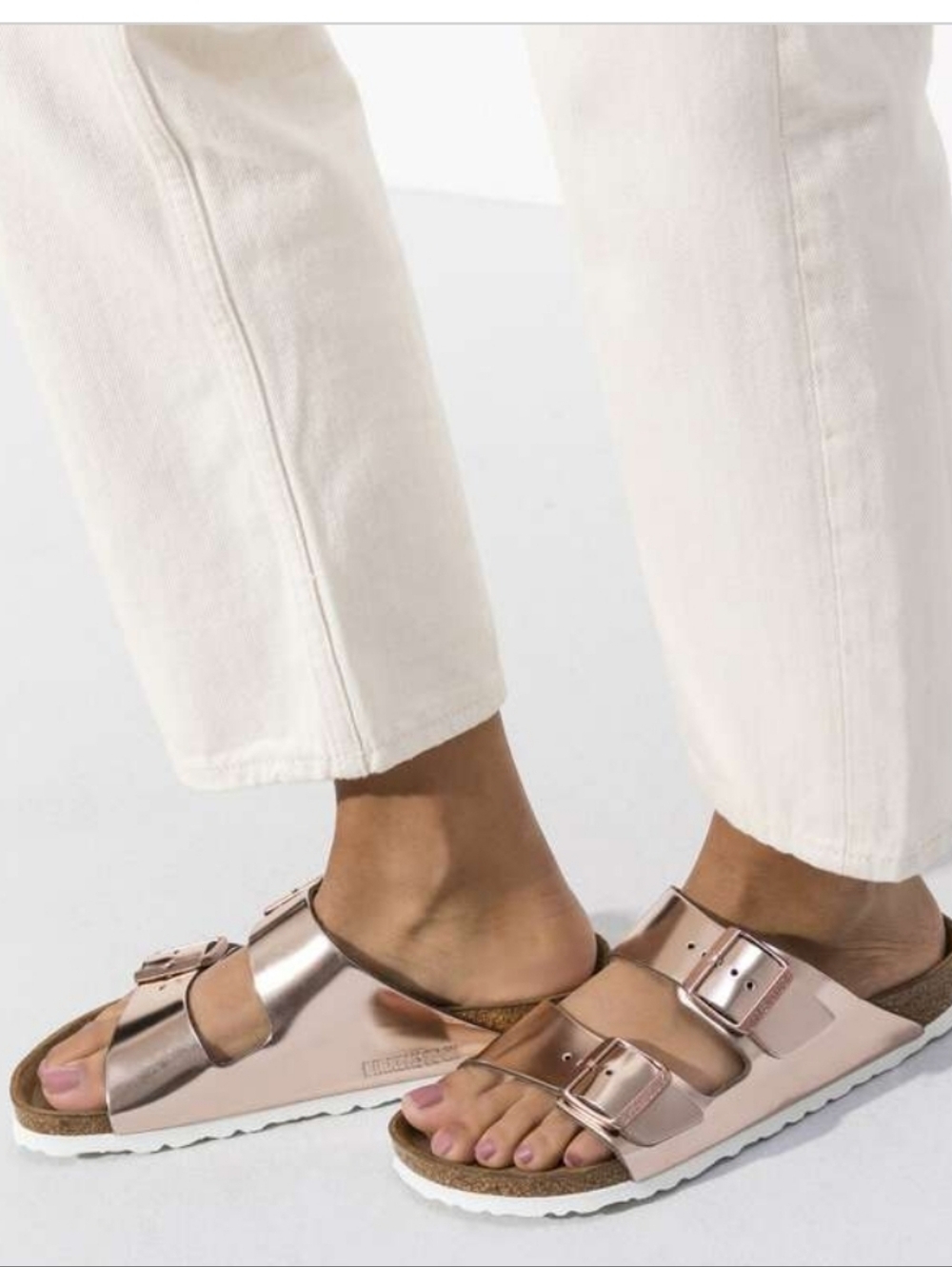 Birkenstock Arizona Soft Footbed Metallic Copper Leather Sandals–Double Strap. 8